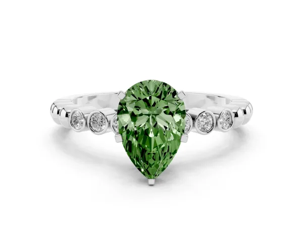 Fancy Green Pear Cut Solitaire Bezel Accent Diamond Engagement Ring with Beaded Band and Four-Prong Setting White gold