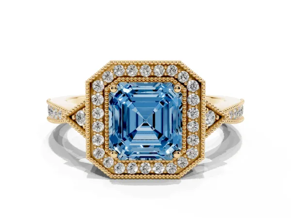 Fancy Blue Asscher Cut Halo Round Diamond Milgrain Pave Engagement Ring Yellow gold