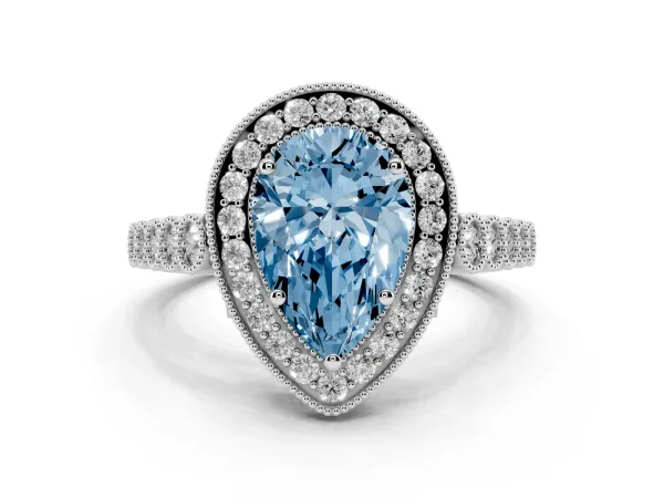 Fancy Blue Pear Cut Halo Twist Band Solitaire Ring with Six-Prong Setting White gold