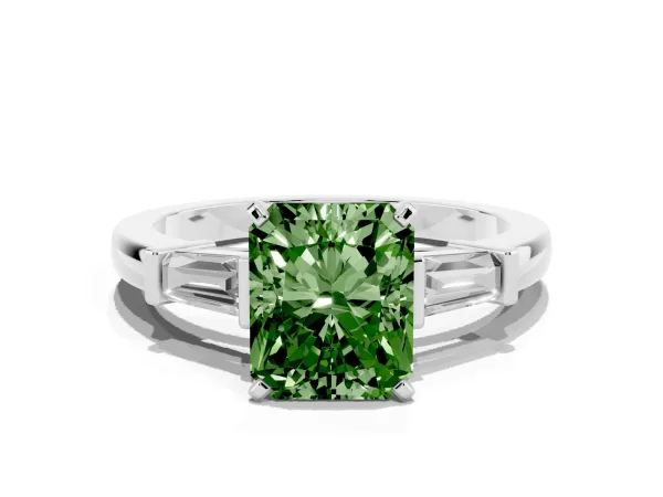 Fancy Green Radiant Cut Cut Diamond Solitaire Ring with Tapered Baguette Accents and Four-Prong Setting Platinum