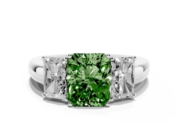 Fancy Green Radiant Cut Diamond Three-Stone Ring with Four-Prong Setting and Classic Band White gold