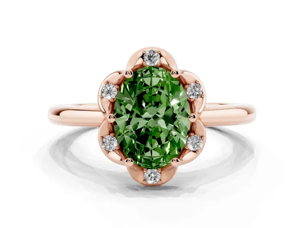 Fancy Green Oval Cut Halo Diamond Ring with Round Cluster Setting, Solitaire Band, and Four-Prong Setting Rose gold