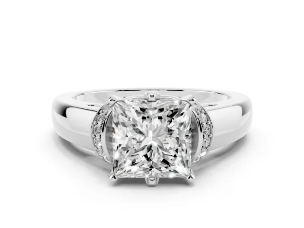 Princess Cut Solitaire Diamond Ring with Pave Band and Six-Prong Setting White gold