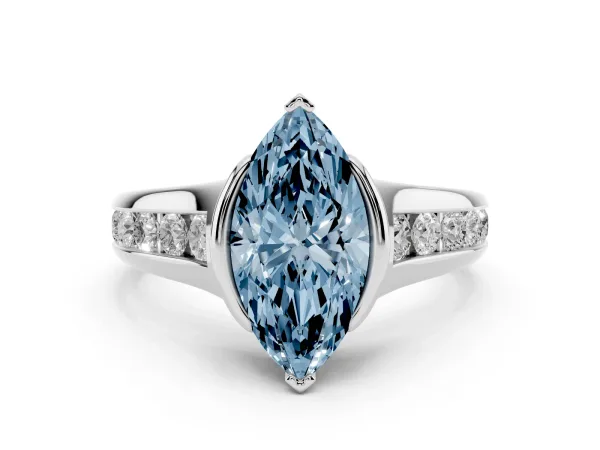 Fancy Blue Marquise Cut Solitaire Bezel-Set Diamond Ring with Channel-Set Band White gold