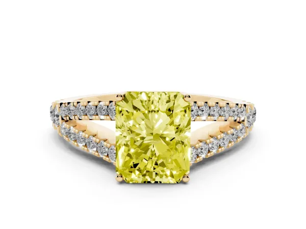 Fancy Yellow Radiant Cut Diamond Split Shank Pavé Engagement Ring with Four-Prong Setting Yellow gold