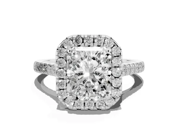 Radiant Cut Diamond Cushion Halo Ring with Pavé Band White gold