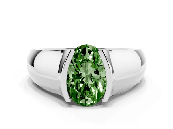 Fancy Green Oval Cut Solitaire Bezel Set Diamond Ring with Wide Band Platinum