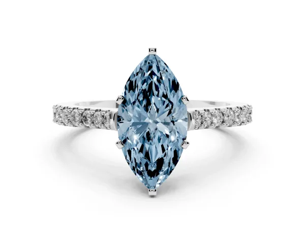 Fancy Blue Marquise Cut Cut Solitaire Diamond Engagement Ring with Pave Band and Four-Prong Setting Platinum