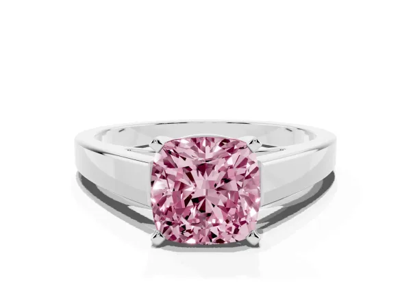 Fancy Pink Cushion Cut Solitaire Engagement Ring with Four-Prong Setting and Tapered Band Platinum