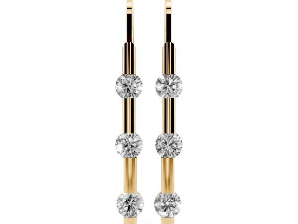 Round Diamond Bar Drop Earrings with Bezel Setting Yellow gold