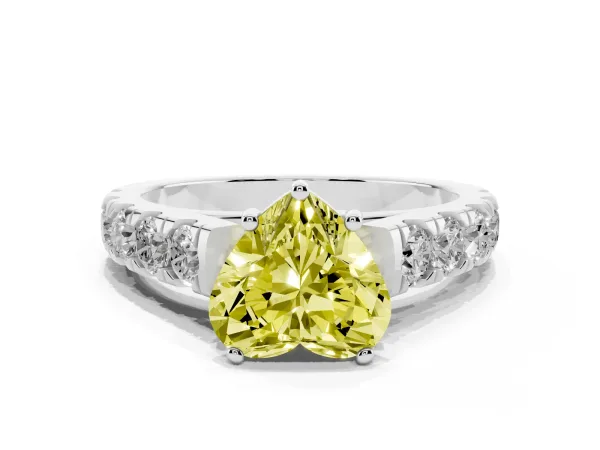 Fancy Yellow Heart Cut Cut Diamond Solitaire Ring with Micro Pave Band and Prong Setting White gold