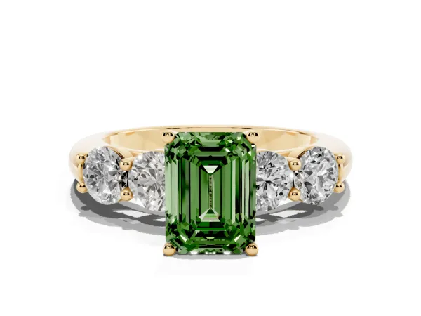 Fancy Green Emerald Cut Cut Five-Stone Prong Set Diamond Ring with Classic Band Yellow gold