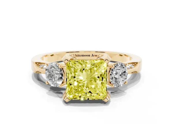 Fancy Yellow Princess Cut Brilliant Three-Stone Diamond Ring with Pavé Band and Four-Prong Setting Yellow gold