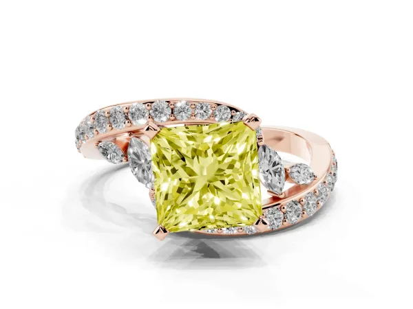 Fancy Yellow Princess Cut Solitaire with Pavé Twist Band and Four-Prong Setting Rose gold