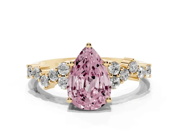Fancy Pink Pear Cut Diamond Scattered Round Accent Ring with Prong Setting Yellow gold