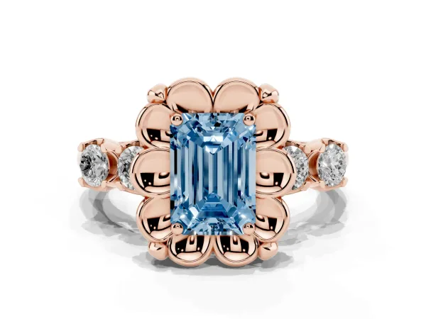 Fancy Blue Emerald Cut Cut Diamond Floral Halo Engagement Ring with Shared Prong Setting Rose gold