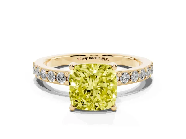Fancy Yellow Cushion Cut Cut Diamond Solitaire with Pave Band and Four-Prong Setting Yellow gold