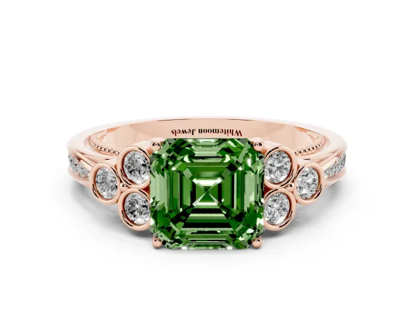 Fancy Green Asscher Cut Cut Diamond Engagement Ring with Bezel Set Round Side Stones and Prong Setting Rose gold
