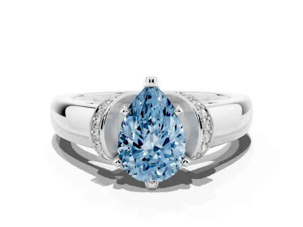 Fancy Blue Pear Cut Solitaire Diamond Ring with Pave Band and Six-Prong Setting White gold