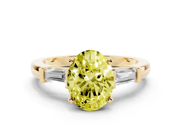 Fancy Yellow Oval Cut Cut Diamond Solitaire Ring with Tapered Baguette Accents and Four-Prong Setting Yellow gold