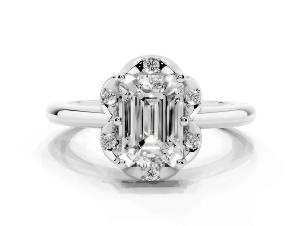 Emerald Cut Halo Diamond Ring with Round Cluster Setting, Solitaire Band, and Four-Prong Setting Platinum