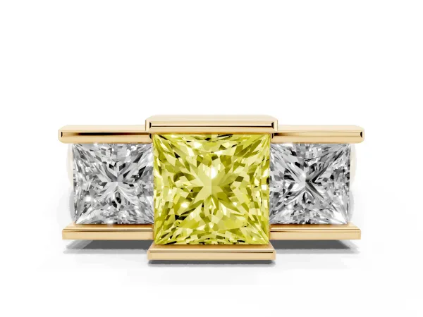 Fancy Yellow Three Stone Princess Cut Cut Channel Set Diamond Ring Yellow gold