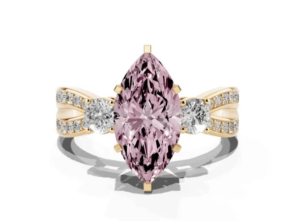 Fancy Pink Three-Stone Marquise Cut Cut Diamond Twist Band with Prong Setting Yellow gold