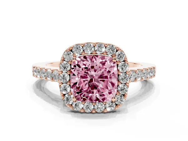 Fancy Pink Cushion Cut Halo Diamond Pavé Solitaire Ring Rose gold