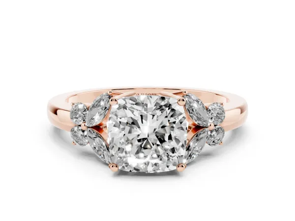 Cushion Cut Cut Solitaire Floral Diamond Ring with Four-Prong Setting Rose gold