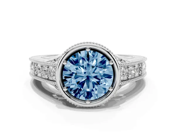 Fancy Blue Bezel Set Round Cut Diamond Milgrain Pave Engagement Ring White gold