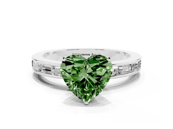 Fancy Green Heart Cut Solitaire Diamond Ring with Channel-Set Baguette Band and Four-Prong Setting Platinum