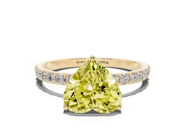 Fancy Yellow Heart Cut Diamond Solitaire Engagement Ring with Round Pavé Band and Prong Setting Yellow gold