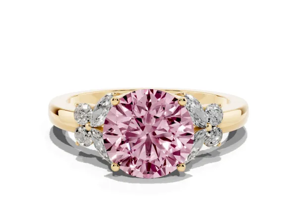 Fancy Pink Round Cut Cut Solitaire Floral Diamond Ring with Four-Prong Setting Yellow gold