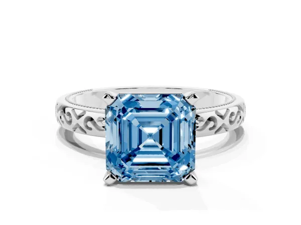 Fancy Blue Asscher Cut Solitaire Engagement Ring with Scrollwork Band and Four-Prong Setting White gold