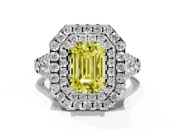 Fancy Yellow Double Halo Emerald Cut Diamond Pavé Split Shank Ring with Prong Setting Platinum