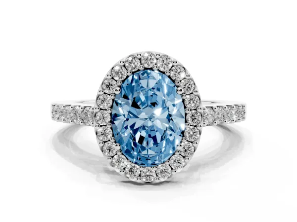 Fancy Blue Oval Cut Halo Diamond Pavé Solitaire Ring White gold