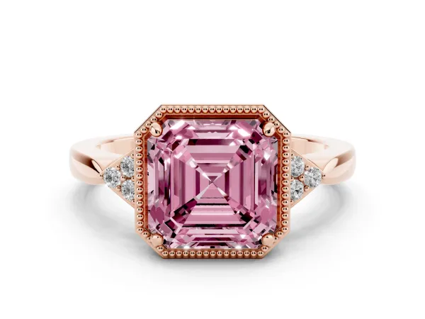 Fancy Pink Asscher Cut Diamond Halo Ring with Tapered Band and Four-Prong Setting Rose gold
