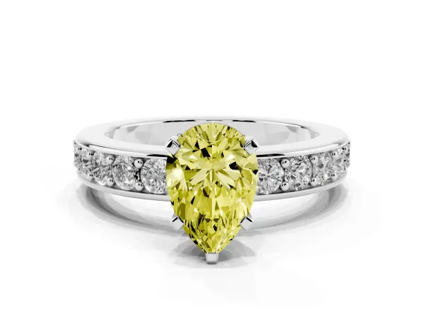 Fancy Yellow Pear Cut Diamond Engagement Ring with Channel Set Round Band and Prong Setting White gold