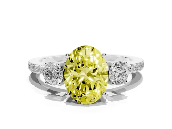 Fancy Yellow Three-Stone Oval Cut Cut Diamond Pavé Band with Prong Setting White gold