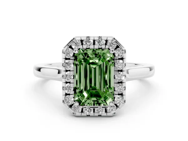 Fancy Green Emerald Cut Halo Round Diamond Solitaire Ring with Pavé Band and Four-Prong Setting Platinum