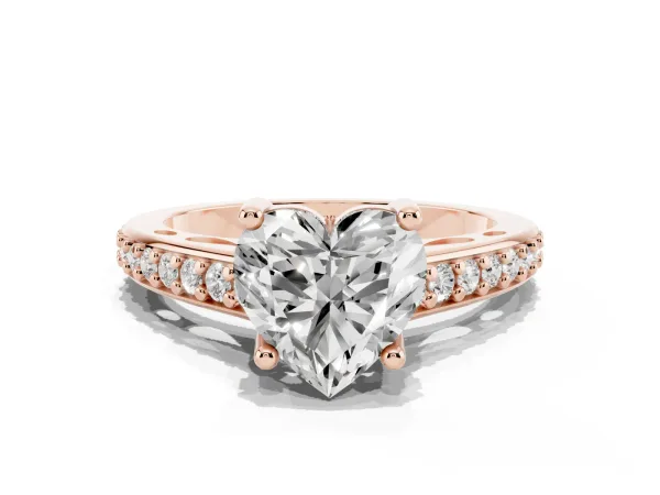 Heart Cut Solitaire Prong Set Diamond Engagement Ring with Pave Band Rose gold