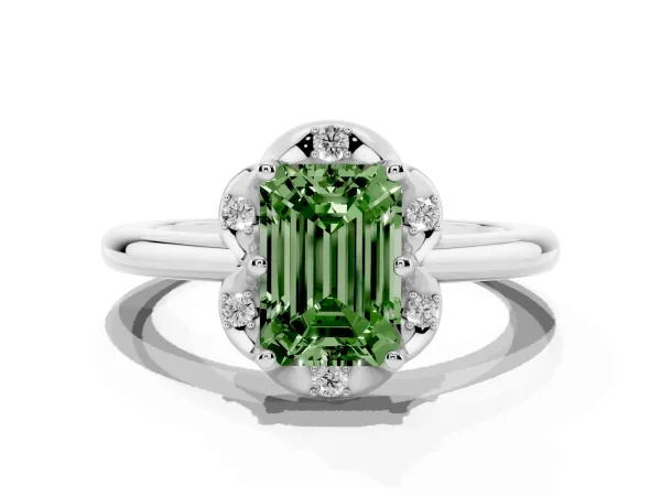 Fancy Green Emerald Cut Halo Diamond Ring with Round Cluster Setting, Solitaire Band, and Four-Prong Setting White gold