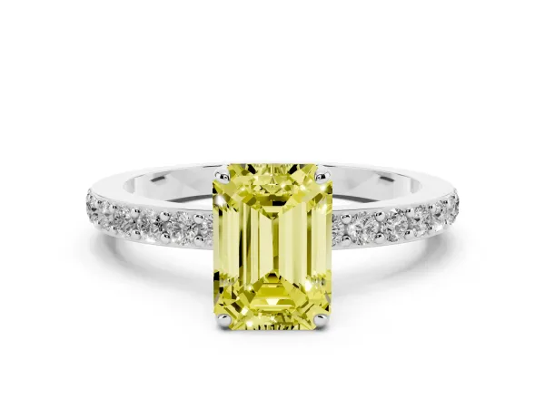 Fancy Yellow Emerald Cut Diamond Pavé Engagement Ring with Round Accents and Prong Setting Platinum