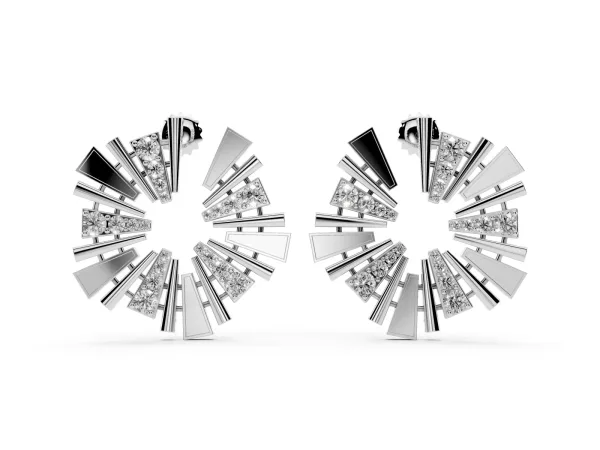 Round Diamond Fanburst Stud Earrings Silver