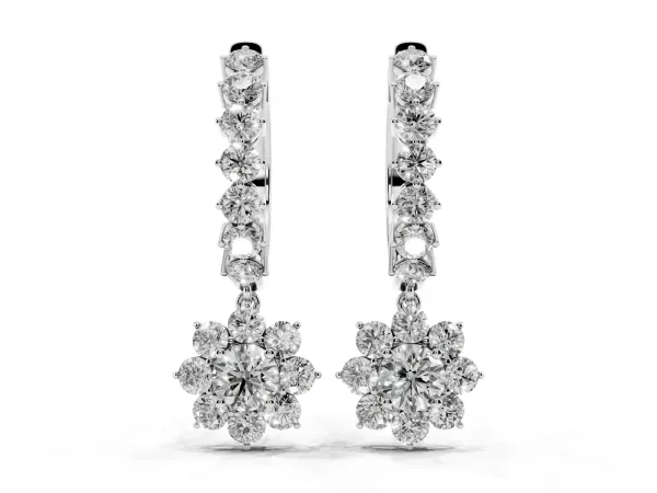 Round Diamond Petite Hoop Earrings with Sunflower Drop Silver