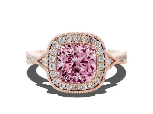 Fancy Pink Cushion Cut Halo Round Diamond Milgrain Pave Engagement Ring Rose gold