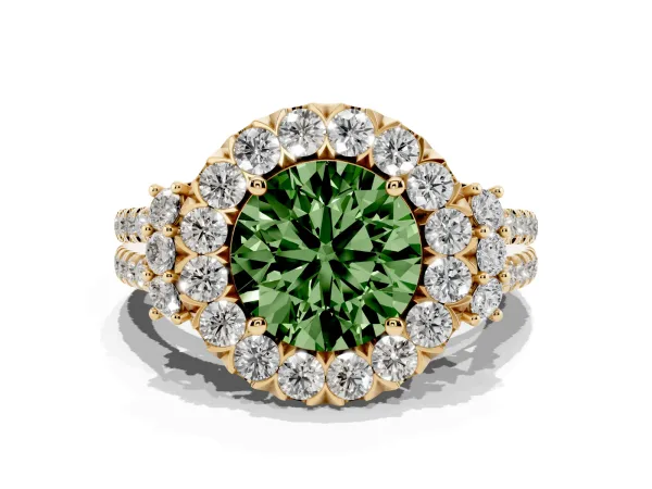 Fancy Green Round Cut Cut Double Halo Diamond Engagement Ring with Pave Band and Four-Prong Setting Yellow gold