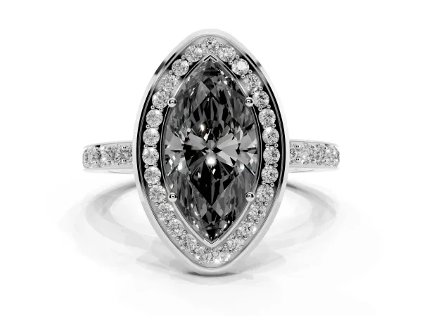 Fancy Black Marquise Cut Diamond Halo Ring with Bezel Frame and Pavé Band White gold