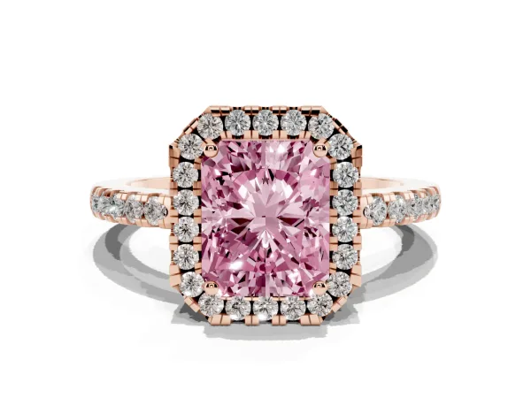 Fancy Pink Radiant Cut Halo Diamond Engagement Ring with Pavé Band and Four-Prong Setting Rose gold