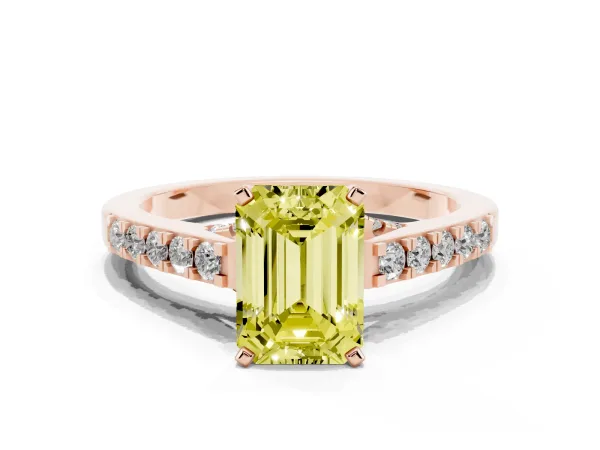 Fancy Yellow Emerald Cut Diamond Solitaire Ring with Crossover Gallery and Round Pavé Band Rose gold
